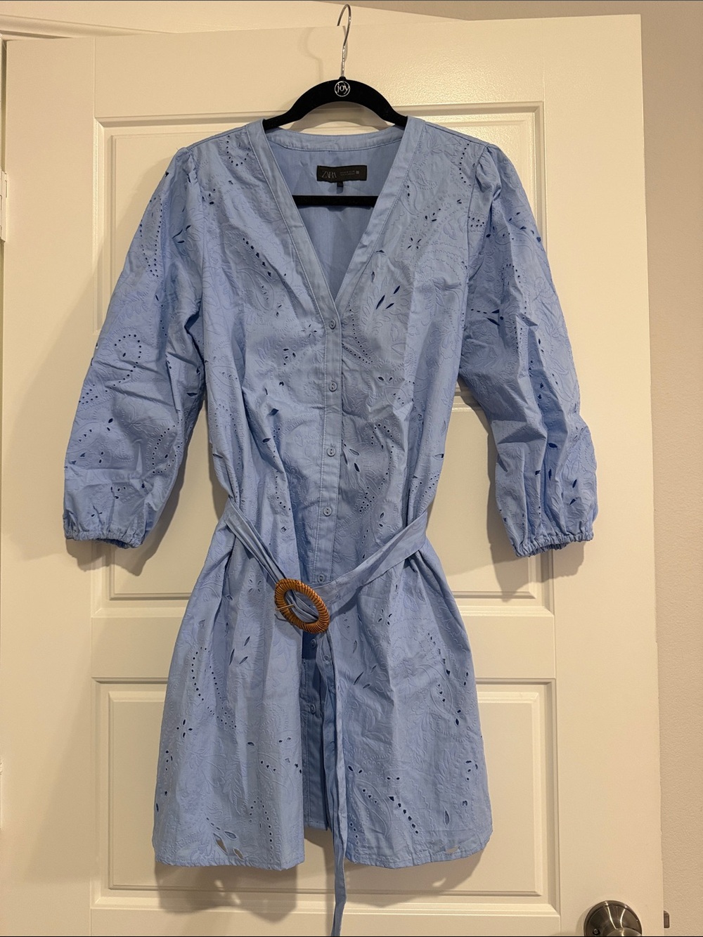 Zara Blue Eyelet Belted Dress Medium